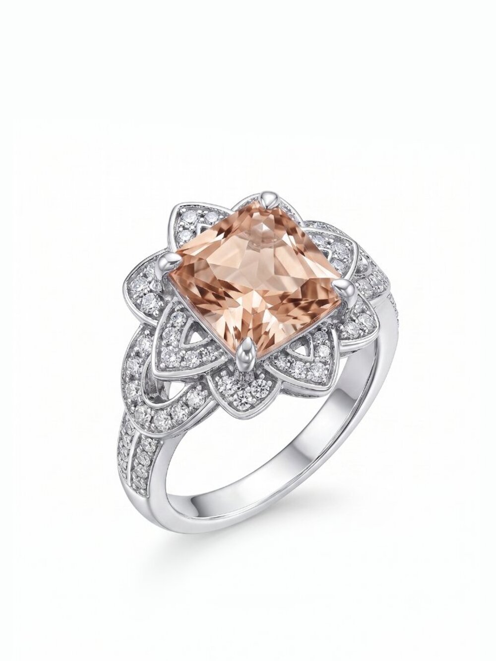 Princess Cut Floral Halo Ring - Champagne Morganite, Liz Halston 925S